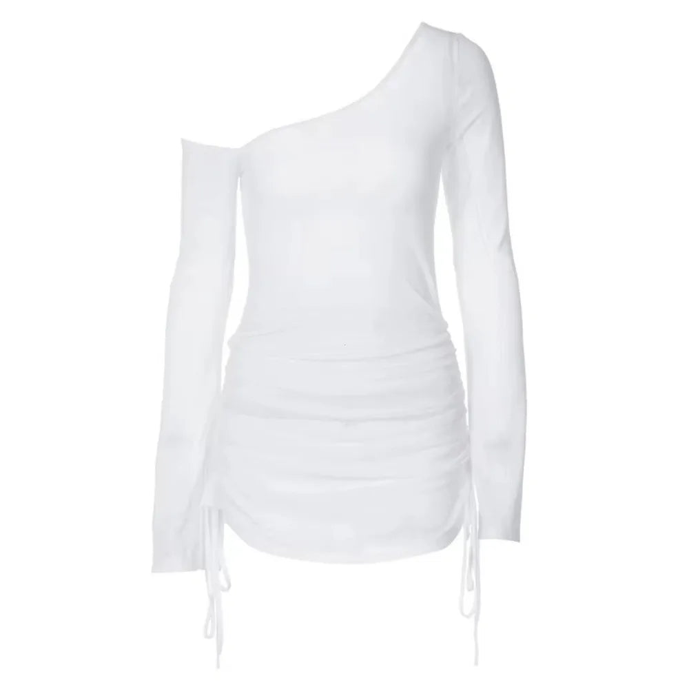 Fashion Solid Color Swimsuit Coverup Lace-Up Skew Collar Drawstring Dress See Through Party Clubwear Dress Beach Party