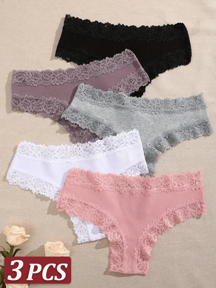 3Pcs/Set Women'S Cotton Panties Floral Lace Intimate Underwear Trendy Patchwork Lace Briefs Female Soft Underpants Lingerie S-Xl