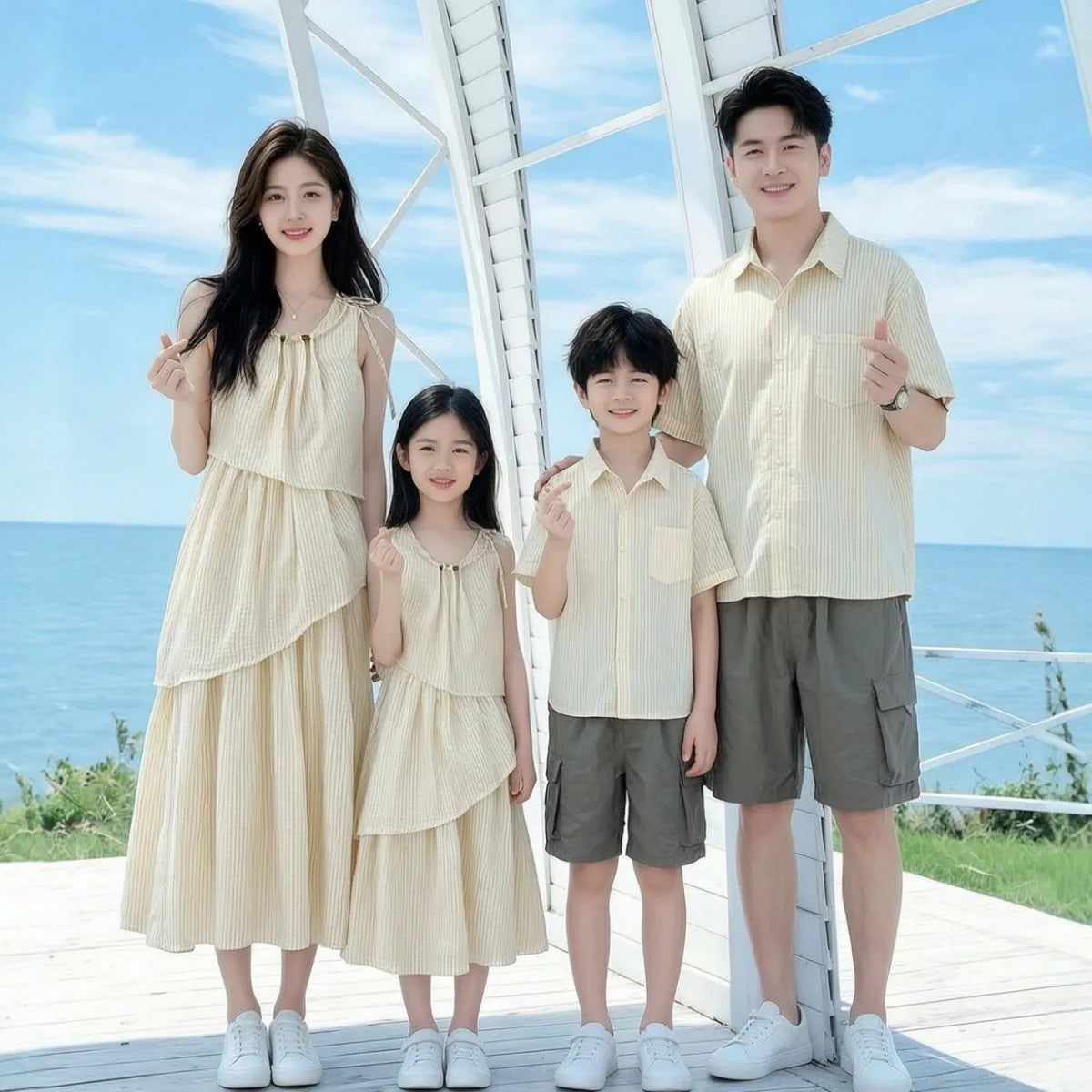 Mommy and Me Clothes Striped Print Family Matching Outfits Holiday Look Button Shirt Ruffles Dress Casual Clothing Set Beachwear