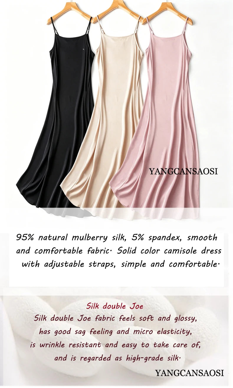 Women's Casual Summer Clothing 95% Natural Mulberry Silk Elastic Double Qiao Satin Adjustable Shoulder Strap Dress