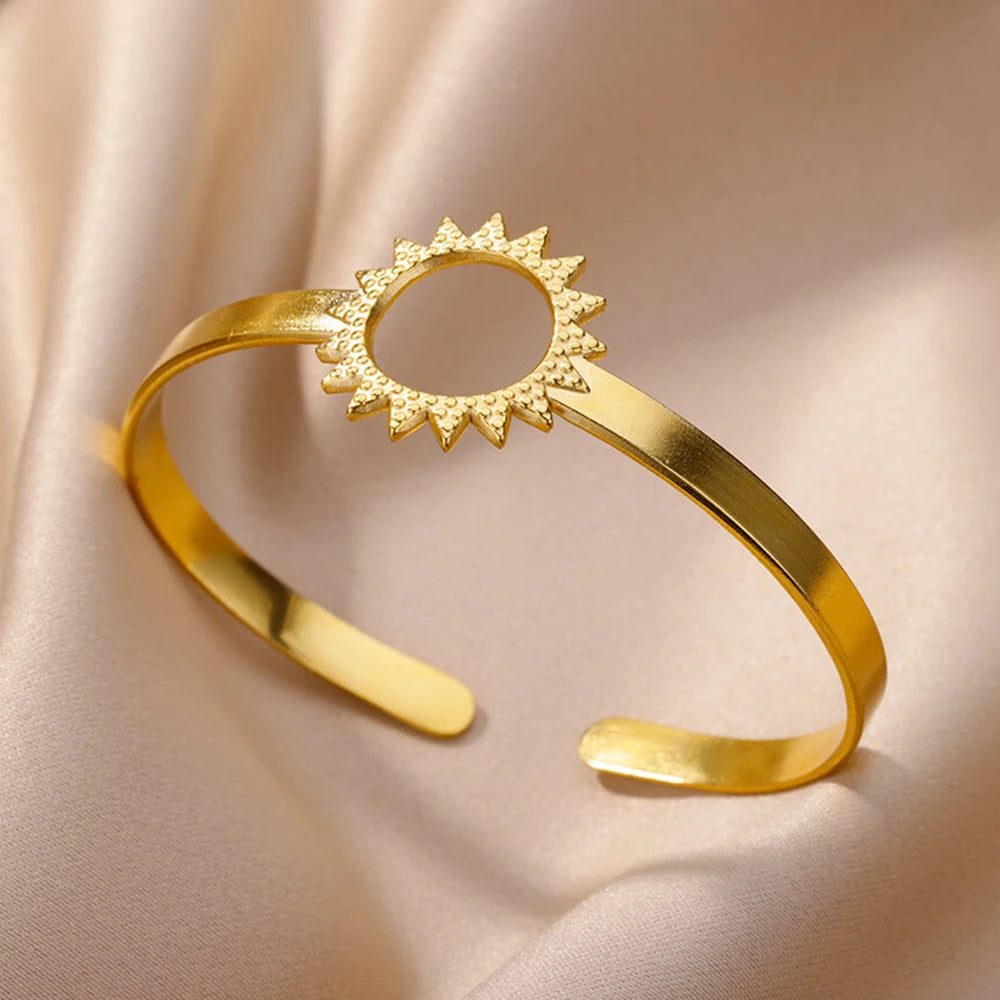 Stainless Steel Wide Bangles For Women'S Luxury Gold Color Chunky Flower Cuff Bangle Bracelet Femme Vintage Wedding Jewelry Gifts
