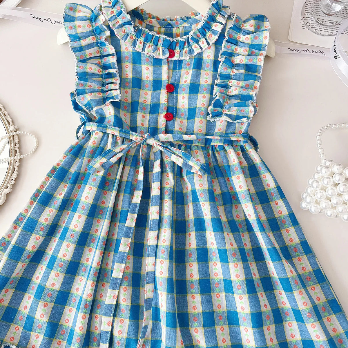 Girls Casual Dresses Floral Plaid Sleeveless Flower Girl Dresses Kids Clothes for 2 To 7 Years Princess Dress for Girls