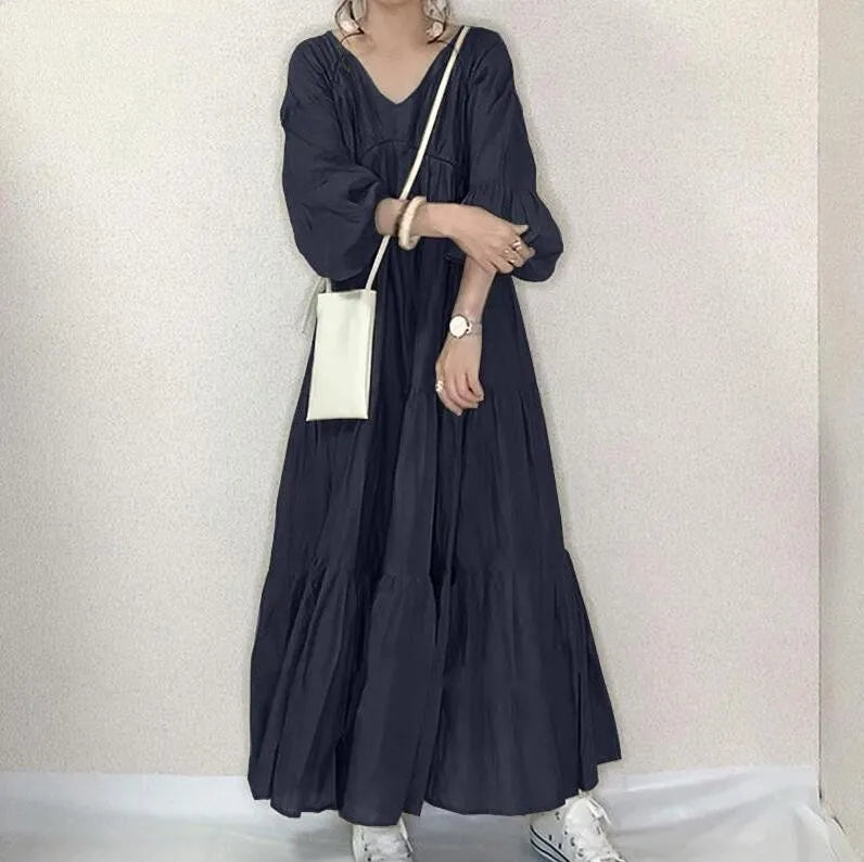 Summer Dress Women's Casual Long Sleeve V Neck Dresses Olive Green Loose Fit Maxi Dress Tiered Skirt A Line Flared Shirt Dress