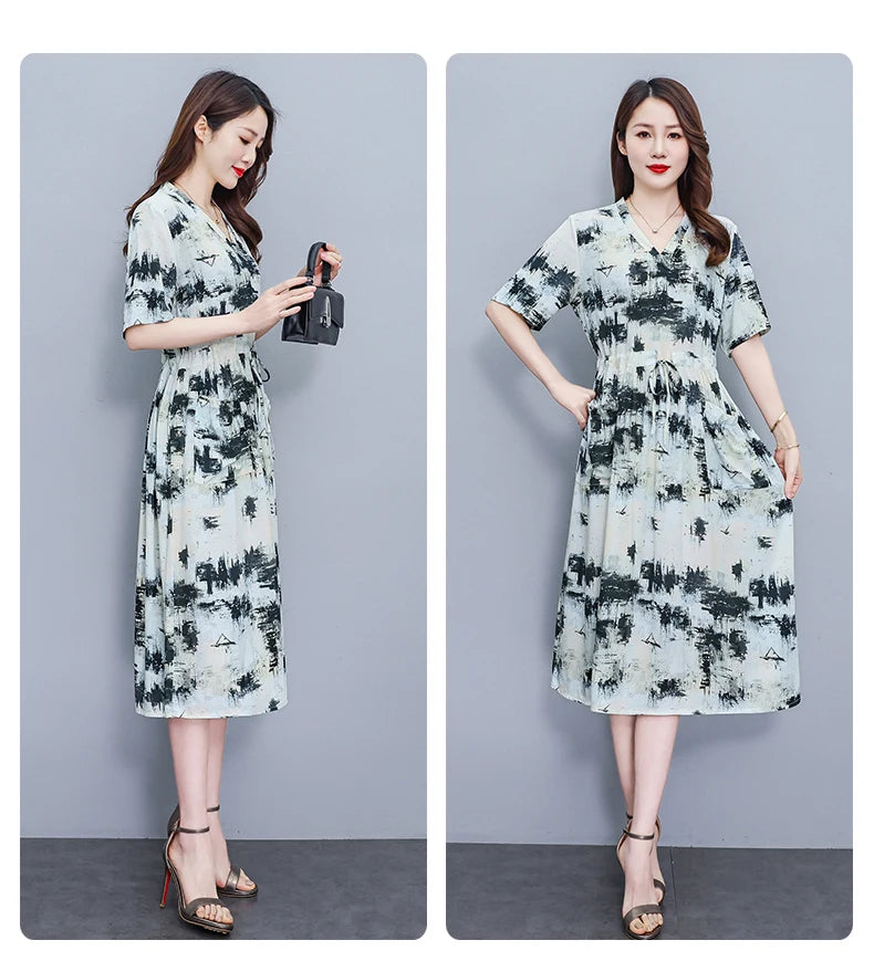 New Fashion 2025 Summer dresses For Women V-Neck Plus Size Woman Cothing Loose Short Sleeve Women Print Dresses
