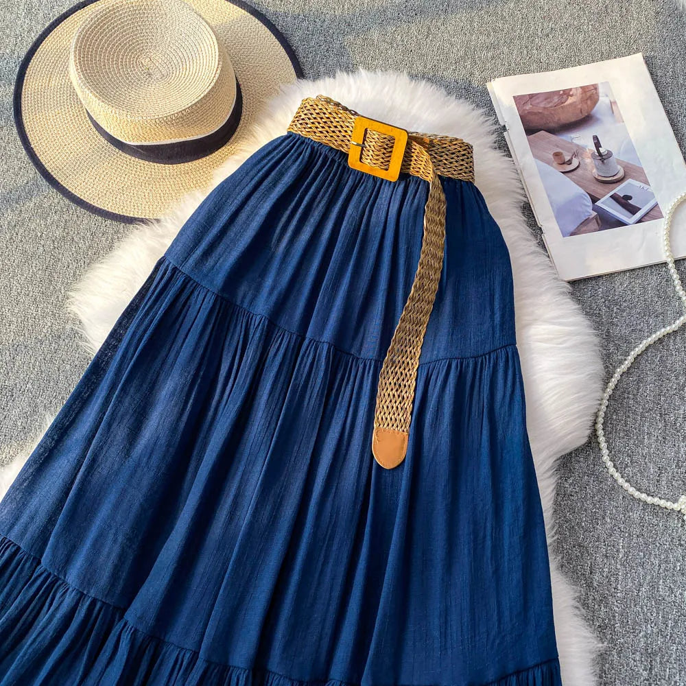 White Casual Mid-Length Puffy Skirt Women's Summer High Waist Slimming Cake Skirt Korean Sle Commute A-Line Skirt