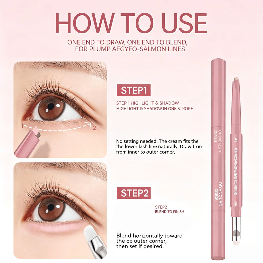 Korean 2 in 1 Ended Lying Silkworm Pen,Bionic Shading Highlighting,Instant Big Eye Effect,Smooth&Smudgeproof&Waterproof,Flat Tip