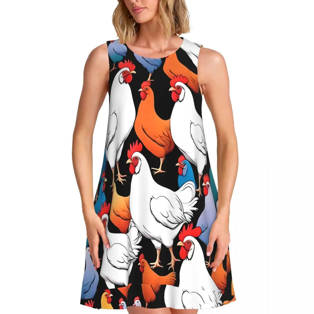 80s Color Block Print Mini Dress - Sleeveless A-Line Tank Dress