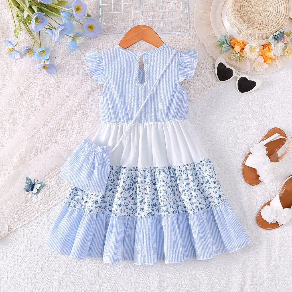 2Pcs/Set Summer Girls' Dress with Striped Small Floral Patchwork Design Dress+Mini Bag Set, Fashion Dress for Girls 2-7 Years