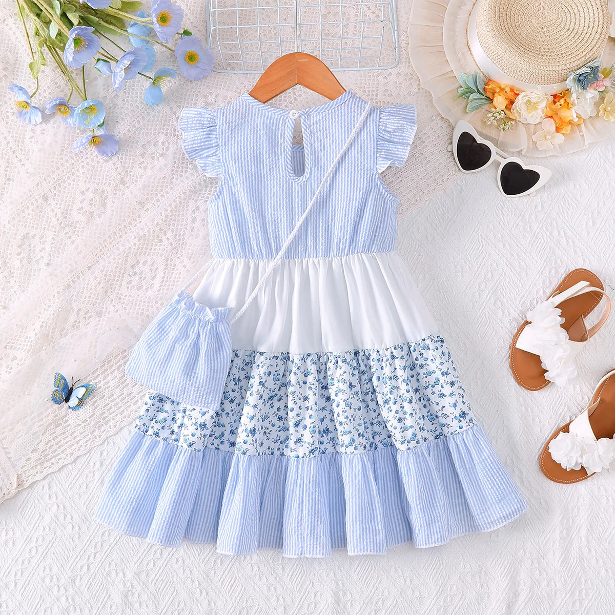 2Pcs/Set Summer Girls' Dress with Striped Small Floral Patchwork Design Dress+Mini Bag Set, Fashion Dress for Girls 2-7 Years