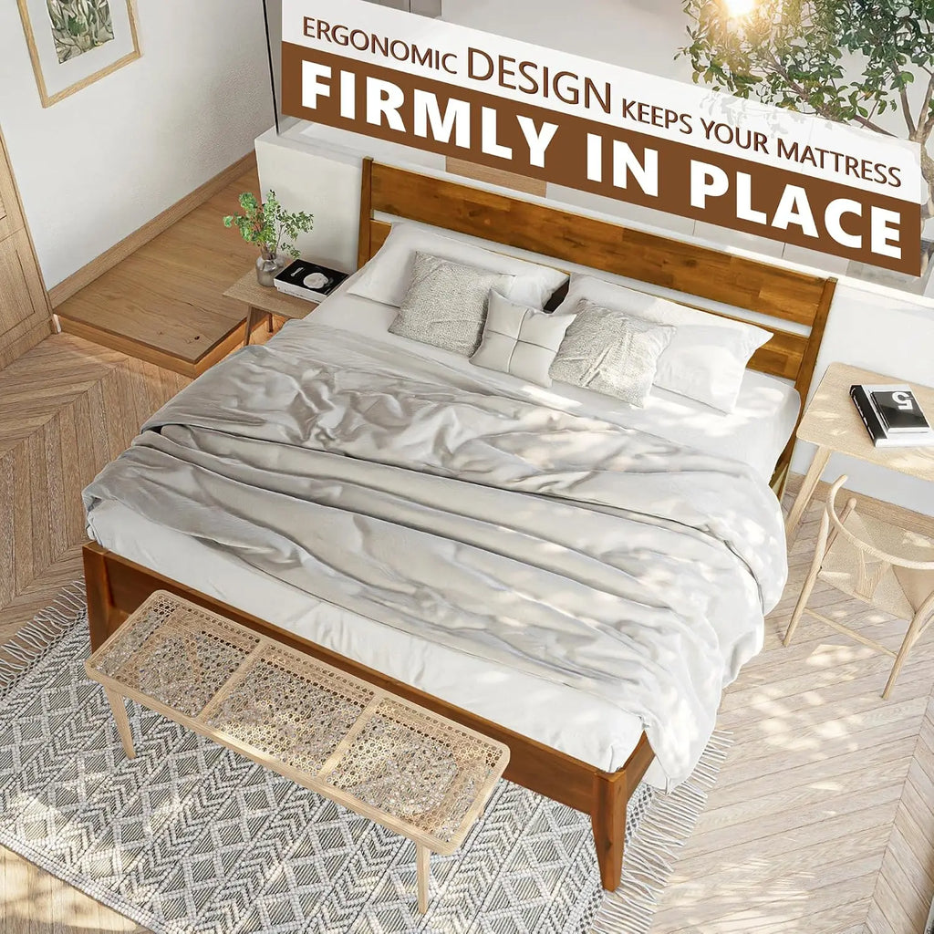 Solid Wood Platform Bed Frame with Headboard King Size Mid-Century Modern Easy Assembly Non-Slip All Mattress Compatible Caramel