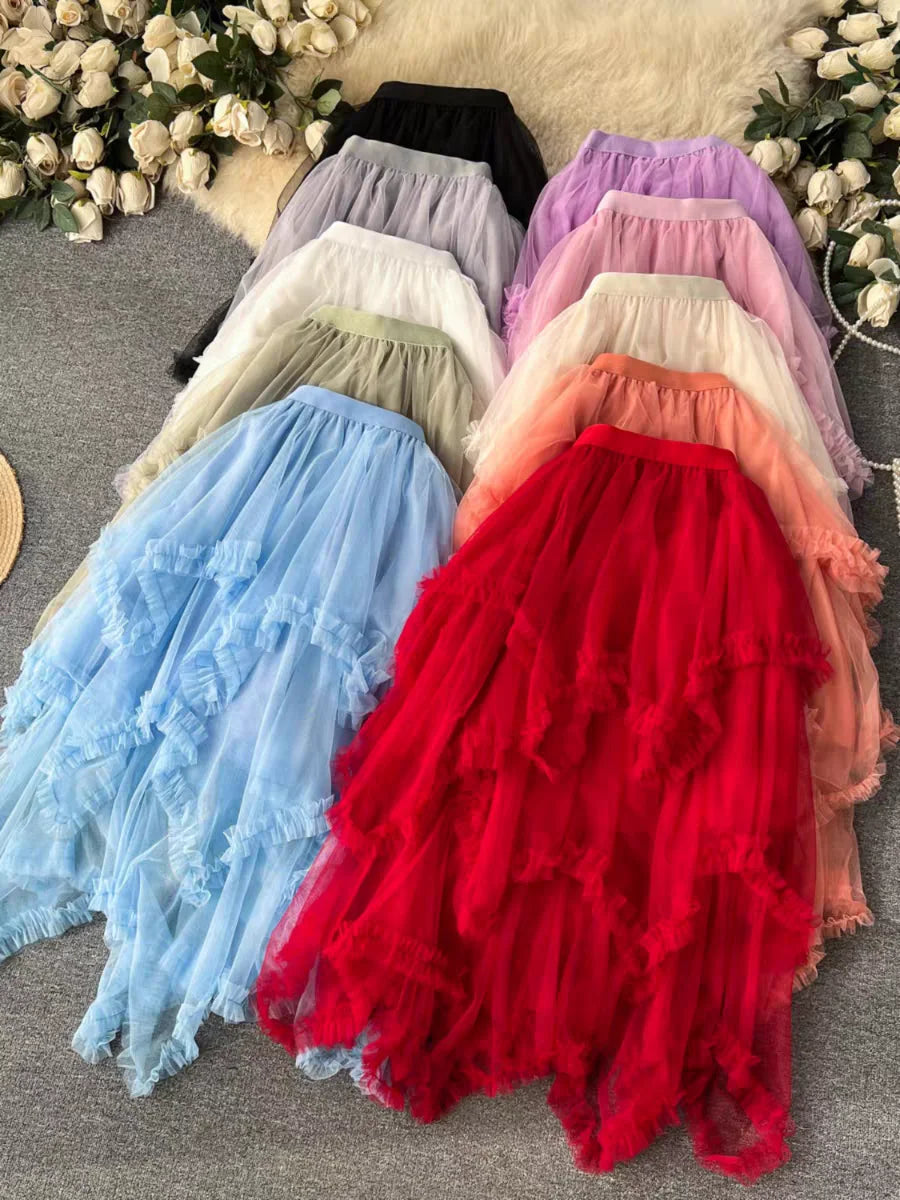 Sweetheart Fairy Dreamy Asymmetrical Tulle Skirt, High Waist A-Line Midi Layered Skirts for Women