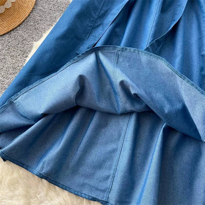 KAROFI Women Bow Tie Elastic Waist Denim Long Skirt Korean A Line Flowy Midi Jeans Skirt Casual Loose Vintage Blue Maxi Skirts