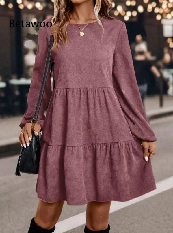 Women's Long Sleeve Tiered Ruffle Mini Dress, Casual Round Neck Solid Color Swing A-Line Dress for Autumn Winter Daily Wear