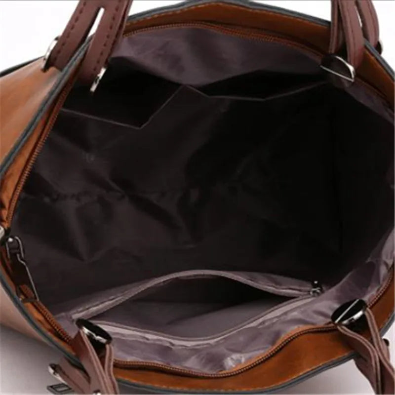 Retro Leather Handbag Shoulder Bag for Women with Double Pocket, Large Capacity, Vintage Lady's Tote Bag, Simple Crossbody Bags