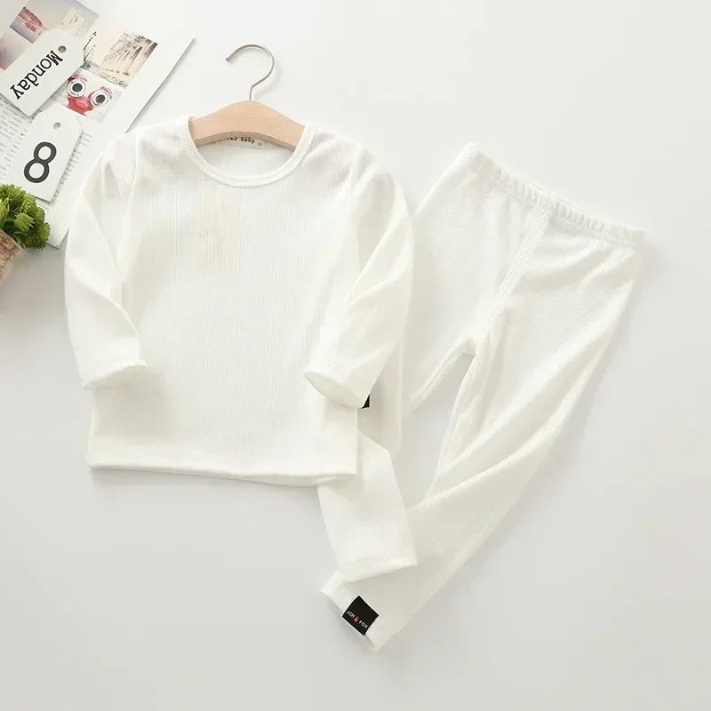 Kids Unisex Ribbed Cotton Pajama Set - Long Sleeve Pullover & Pants