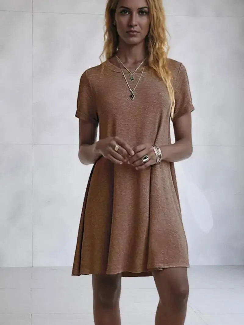 Women Casual Short Sleeve T Shirt Dress Vintage O Neck Print Loose Mini Dress Elegant Simple Mini Dress Streetwear Sundress