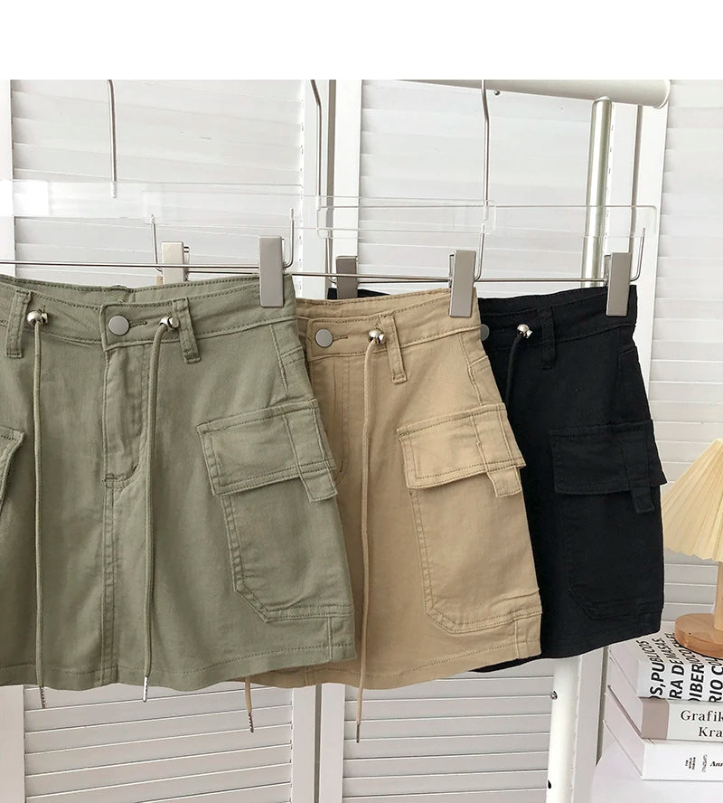 Retro High Waist Denim  Skirt Women's Spring Summer Autumn Casual Drawstring Anti-Light Short Skirt Polyester Fiber
