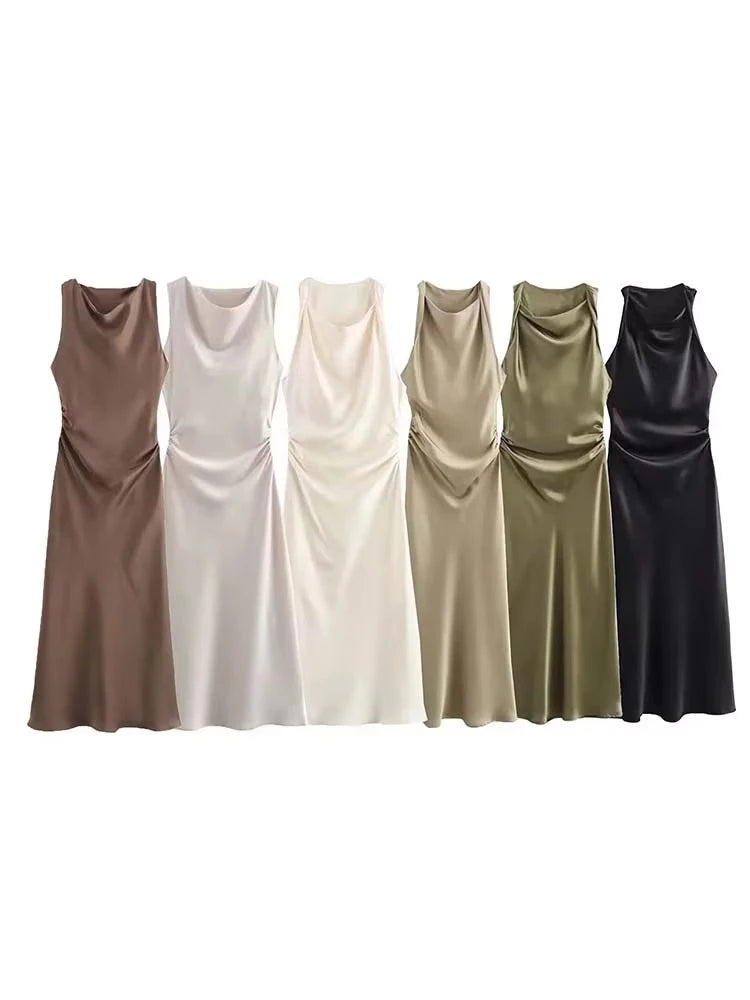Satin Halter Midi Dress | Sleeveless Evening Party Dress