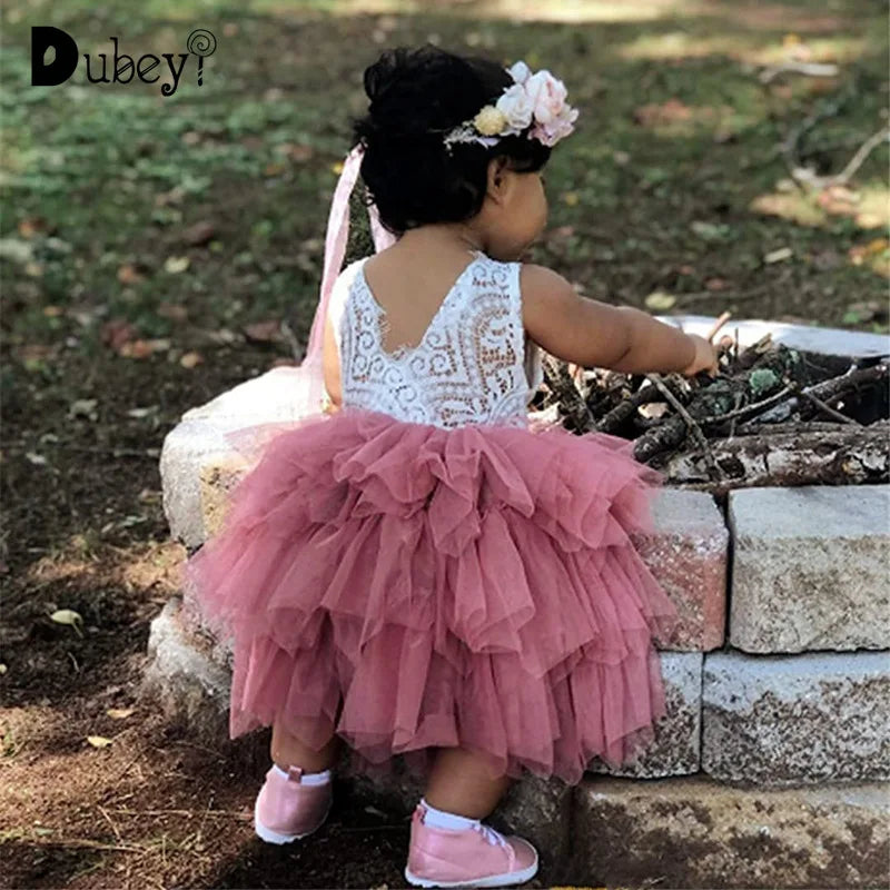 Flower Girl Bridesmaid Dresses Little Girl Layered Lace Tulle Dress Elegant Festival Princess Dress Sleeveless Clothes