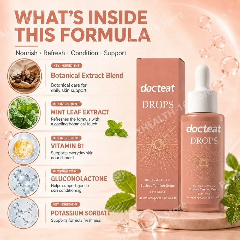 Docteat Sunless Tanning Drops Gentle Formula Long-Lasting No Greasy Feeling Gluconolactone Vitamin B1 Peppermint Extract 60 ML