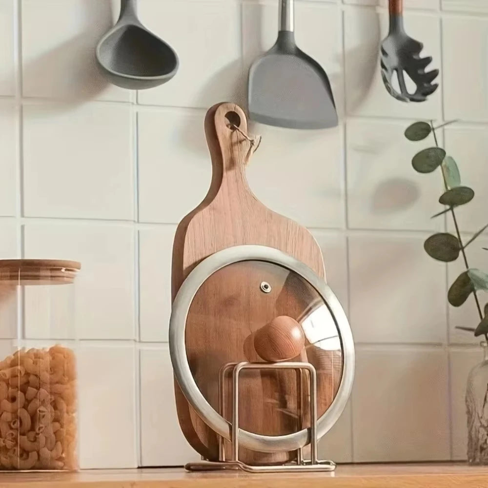 1 soporte de acero inoxidable para tapas de ollas y tablas de cortar, combinado, que ahorra espacio - Estante de encimera resistente, organizador de cocina