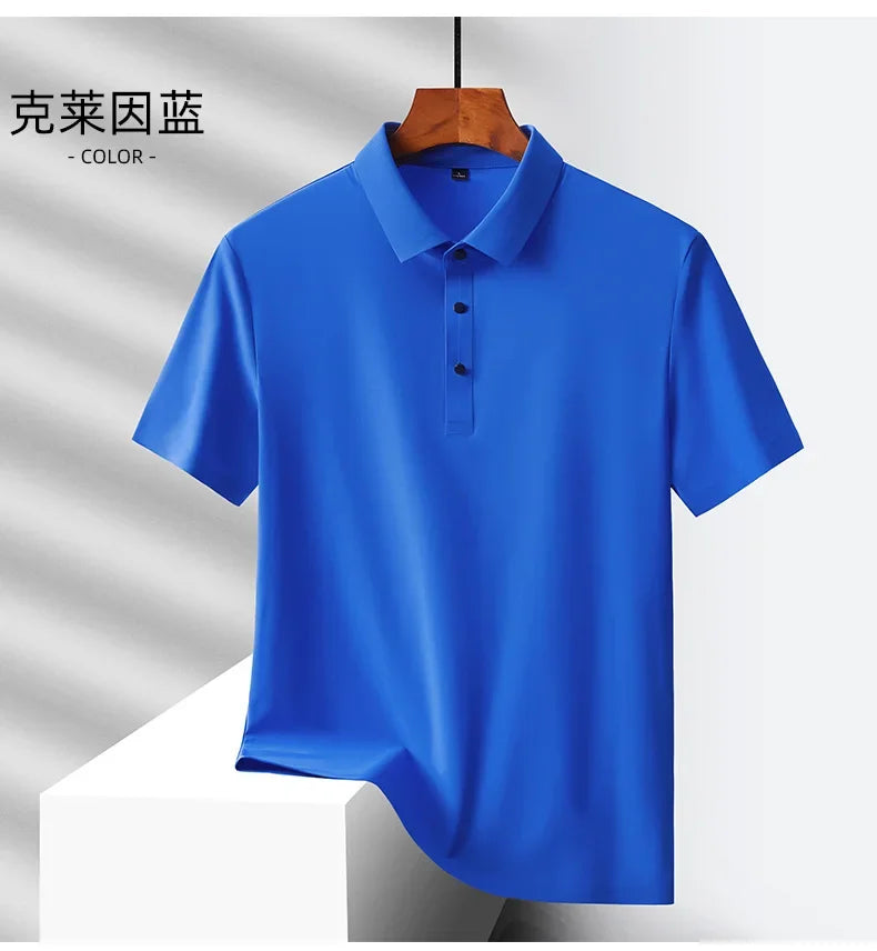 Summer Ice Silk Quick Drying Loose Polo Shirt Middle Aged Men's Solid Lapel Button Simple Versatile Casual Thin Short Sleeve Top