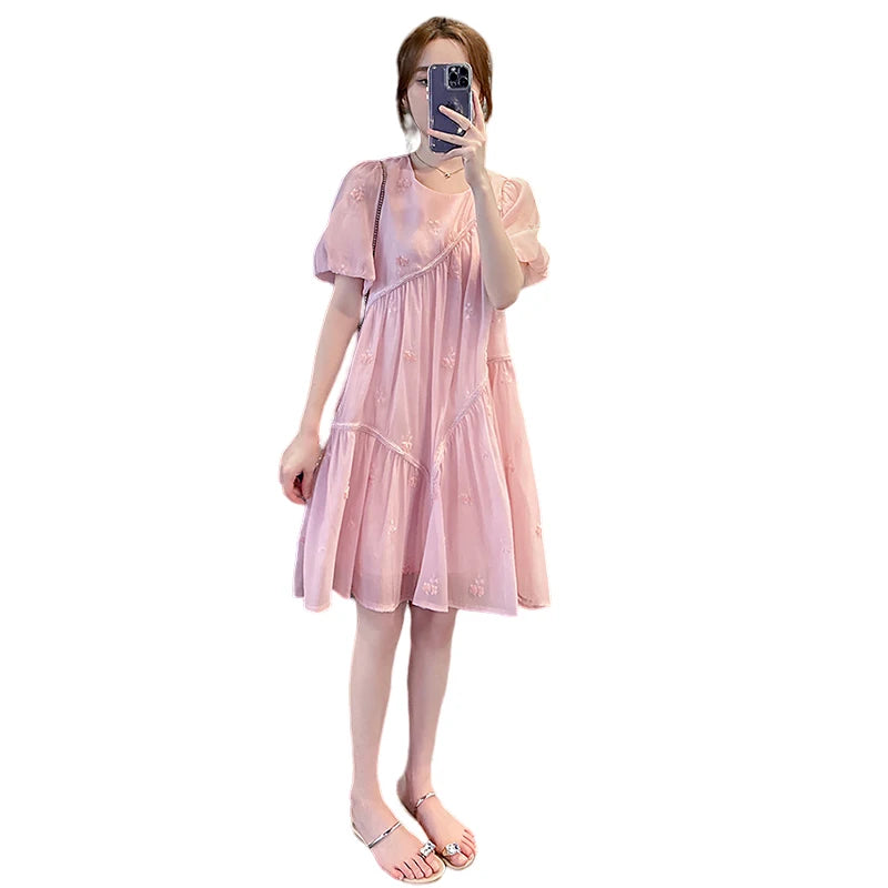 Summer Plus Size Maternity Ball Gown Dress Puff Sleeve O-neck Fashion Embroidery Pregnant Woman Short Dress Princess Dresses