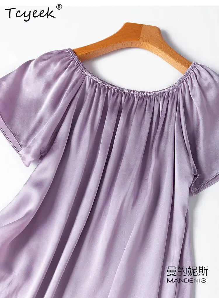 Tcyeek 21MM 100% Mulberry Silk Night Dress for Women Comfortable Sleepwear Women's Home Clothes Thin Purple Sommerkleid Damen