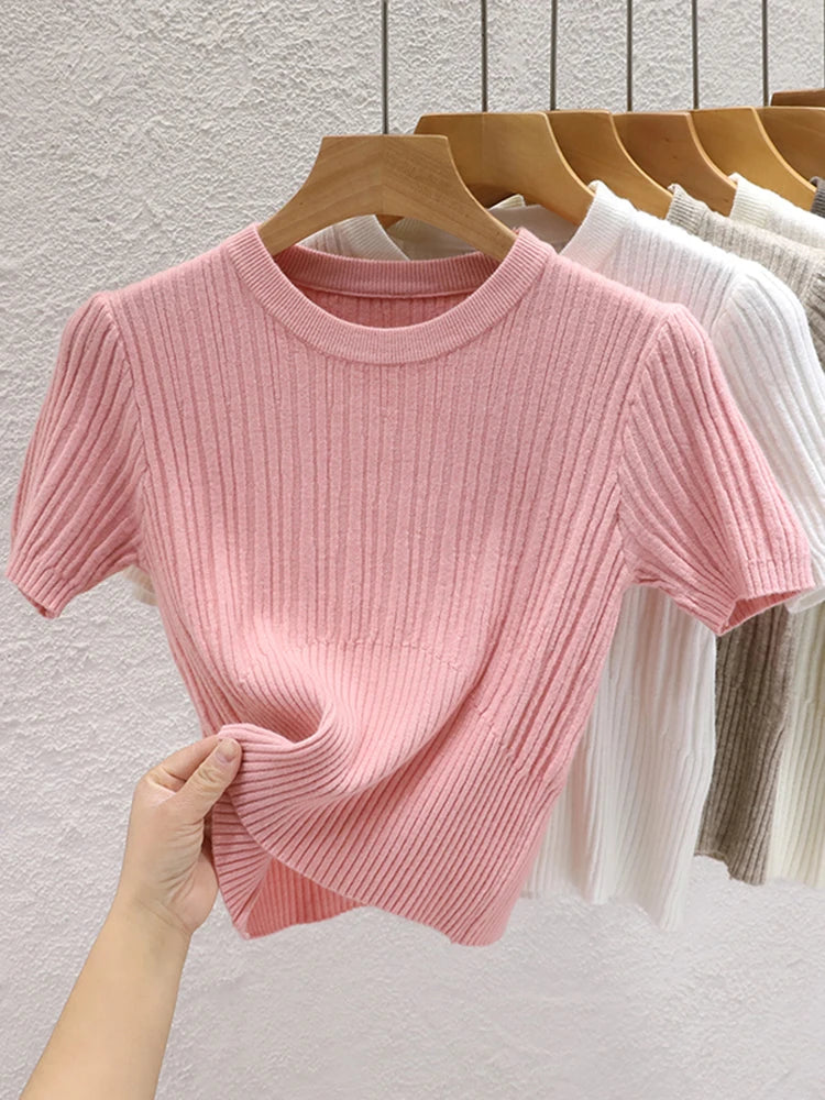 Camiseta Corta Coreana de Punto | Top Básico Liso Casual para Mujer