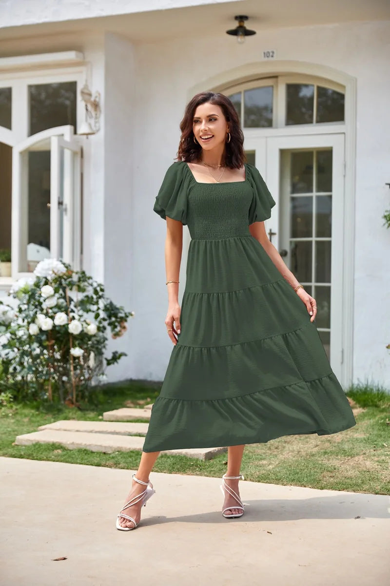 2026 Spring Summer Elegant Women's Long Dress Fashionable Solid Color Square Neck Puff Sleeve Pleated Slim Fit Loose Hem Dress