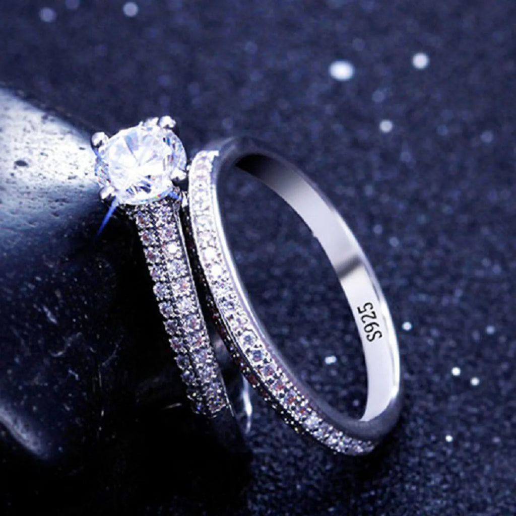 1 Pair Vintage Halo 925 Sterling Silver Wedding Ring Set For Women'S Lady Anniversary Jewelry Bulk Sell