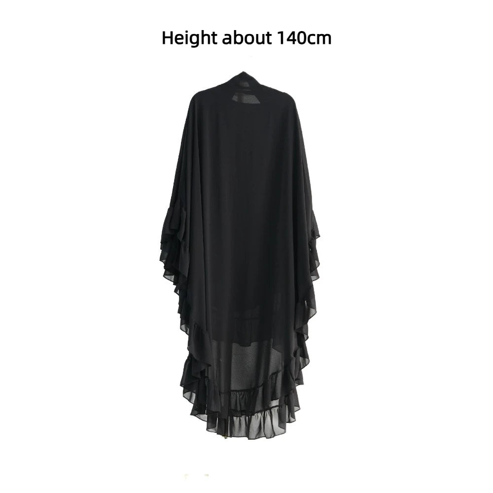 Ruffled Long Chiffon Muslim Abaya Solid Color One-piece Ramadan Khimar Abaya Headscarf Prayer Dress Dubai Saudi Black Robe