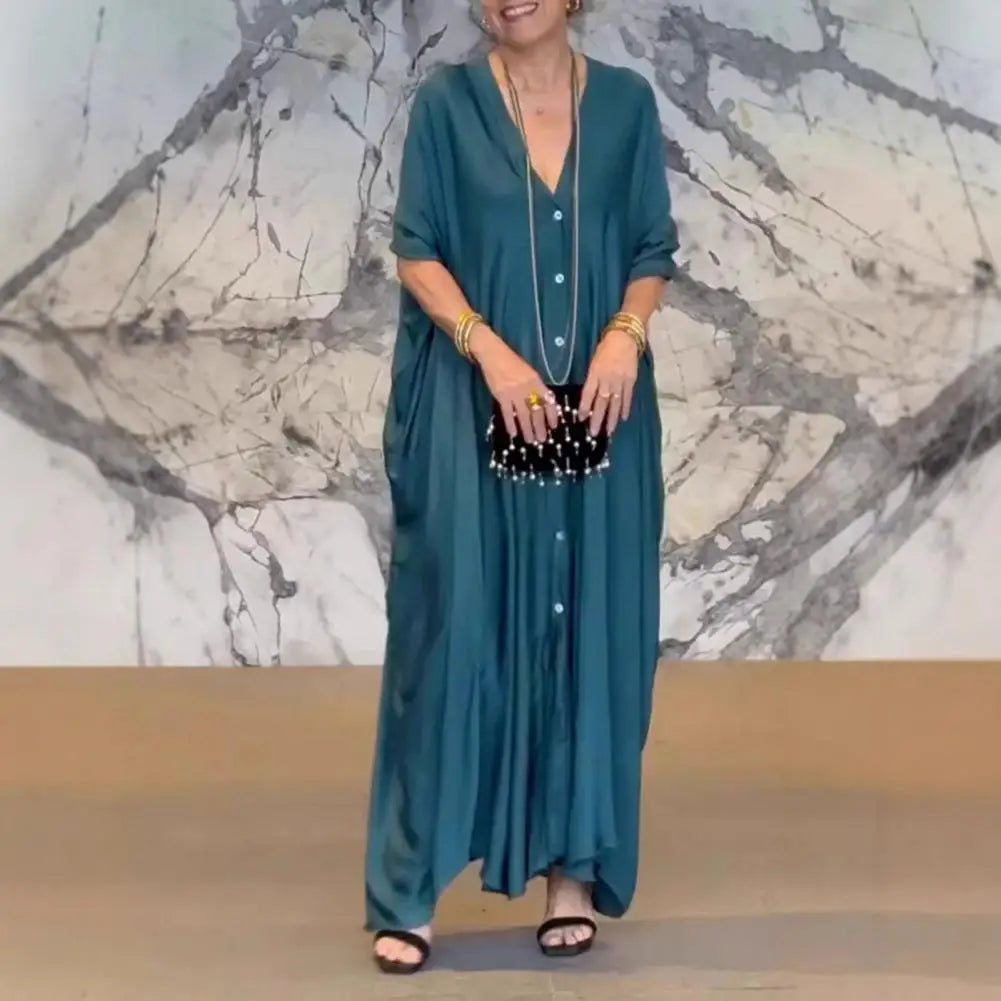 Women Maxi Dress V-Neck Buttoned Placket Batwing Sleeves Maxi Dress Solid Color Loose Cut Satin Casual Wide Style Dress
