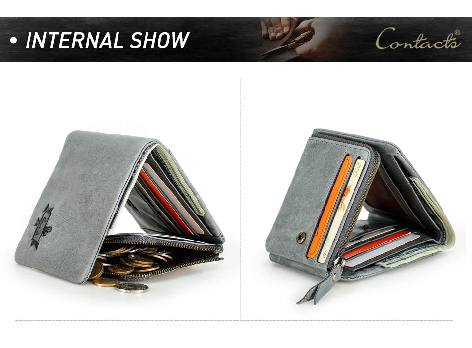 Contact’S Men’s Trifold Wallet - Genuine Crazy Horse Cowhide Leather