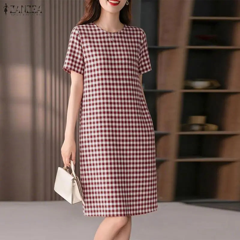 ZANZEA Women's Vintage Gingham Short Sleeves Dresses O-Neck Knee-Length Dress 2026 Summer Daily Casual Commute Robes Femme