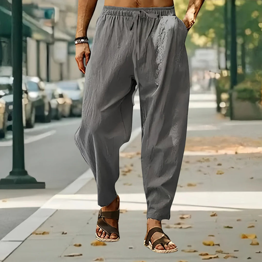 New Men Cotton Linen Pants Summer and Autumn Solid High Waist Wide-Leg Trousers Male Loose Hemp Casual Breathable Sports Pants