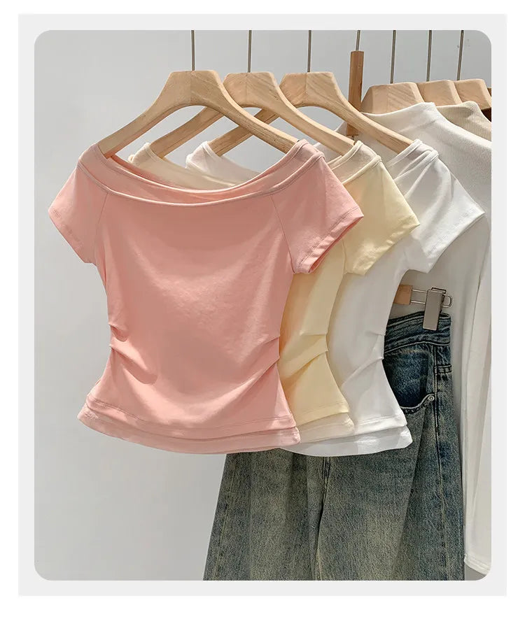 Unique Shoulder-Baring Pink Short-Sleeve T-Shirt Women's Summer New Style Korean Version Slim Fit Commute Style Cotton Material