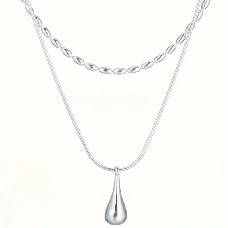 Water Drop Pendant Necklace for Women Double Collar Chain Fashion Fine Jewelry Gifts Long Layered Necklace Jewelry Accessories