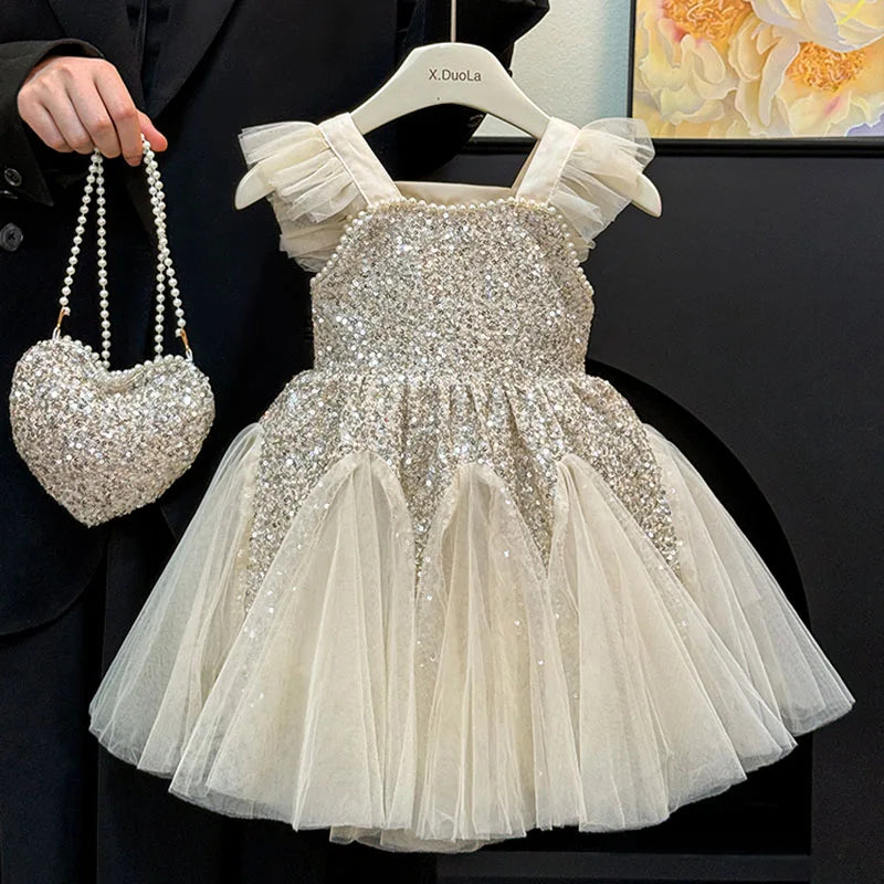 Kids Girl Clothes Sequined Flying Sleeves New Summer Dresses For Girls Elegant Mesh Vest Skirt Princess Dress Evening Prom