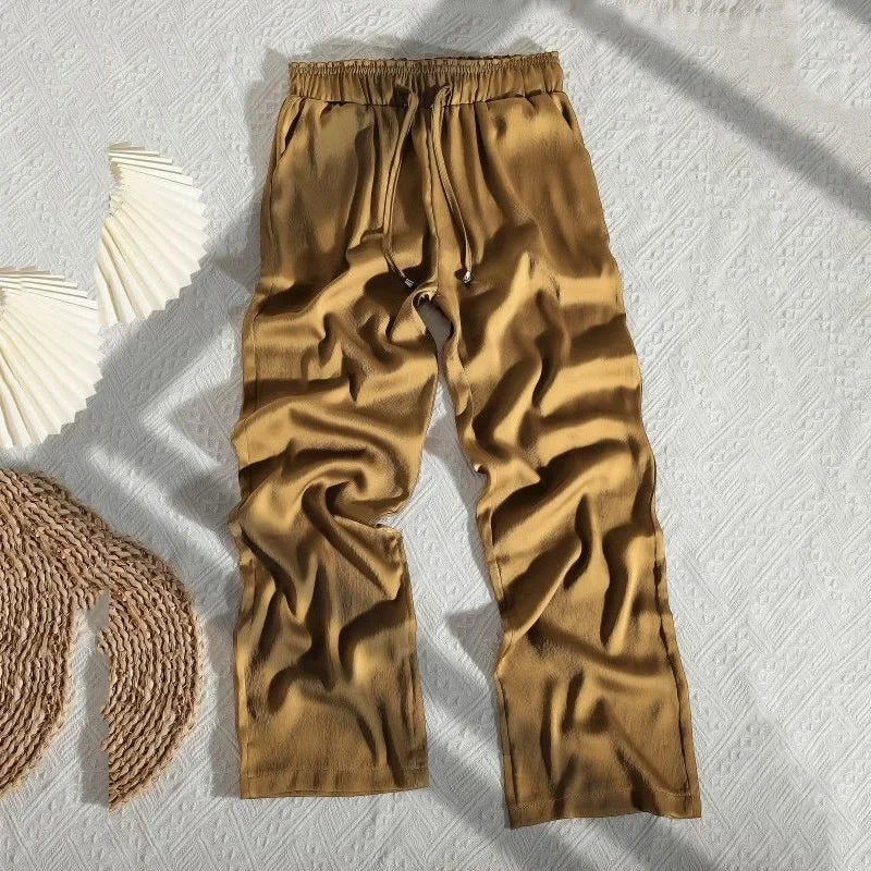 High Quality Wide Leg Pants Women Vintage Drawstring High Waist Satin Silk Pants Woman Casual Loose Straight Trousers
