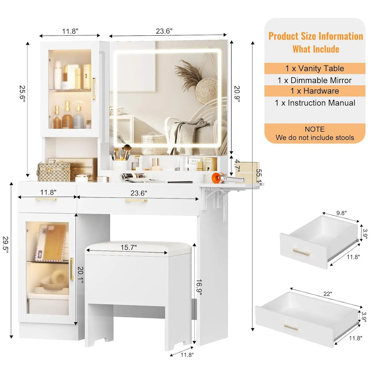 Vanity Desk with Mirror & LED Lights, Makeup Table with Stool & Storage Drawers for Bedroom, Customized