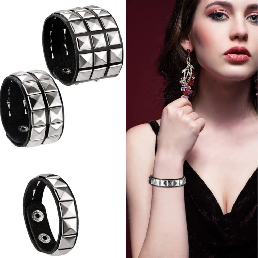 Fashion Punk Single Row Stereoscopic Square Personality Rivet Cortex Couple Bracelets for Men Women Hip-hop Rock Bangles Jewelry