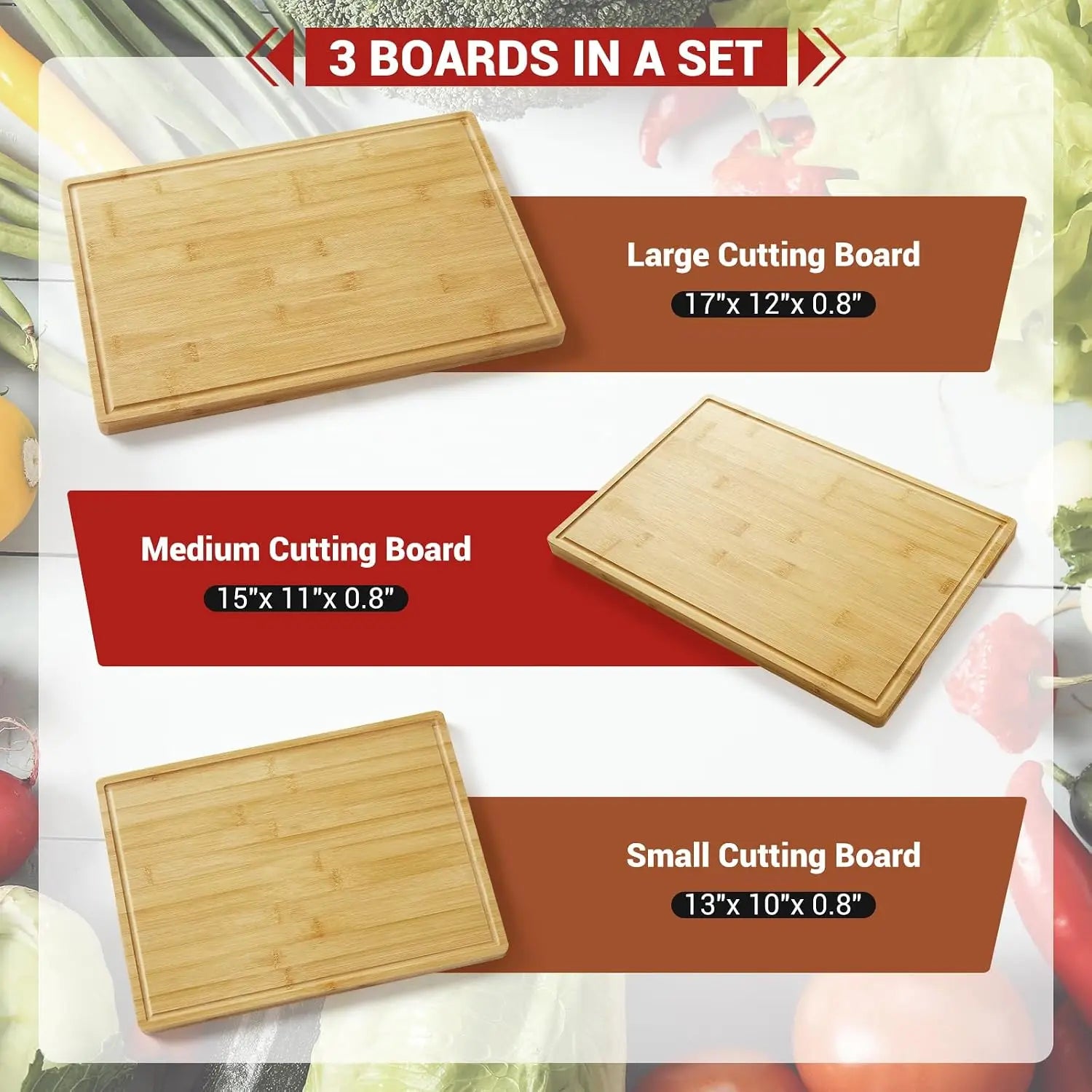 3-Piece Natural Bamboo Cutting Boards Set with Stand | Kitchen Chopping Boards 43x30cm/38x28cm/33x25cm,Deep Juice Grooves,Dishwasher Safe,Knife Friendly
