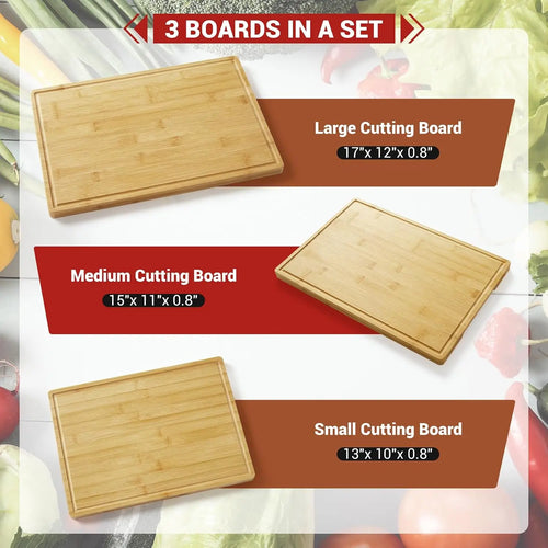 Juego de 3 tablas de cortar de bambú natural con soporte | Tablas de cocina de 43x30cm/38x28cm/33x25cm, con surcos profundos para jugos, aptas para lavavajillas, respetuosas con los cuchillos