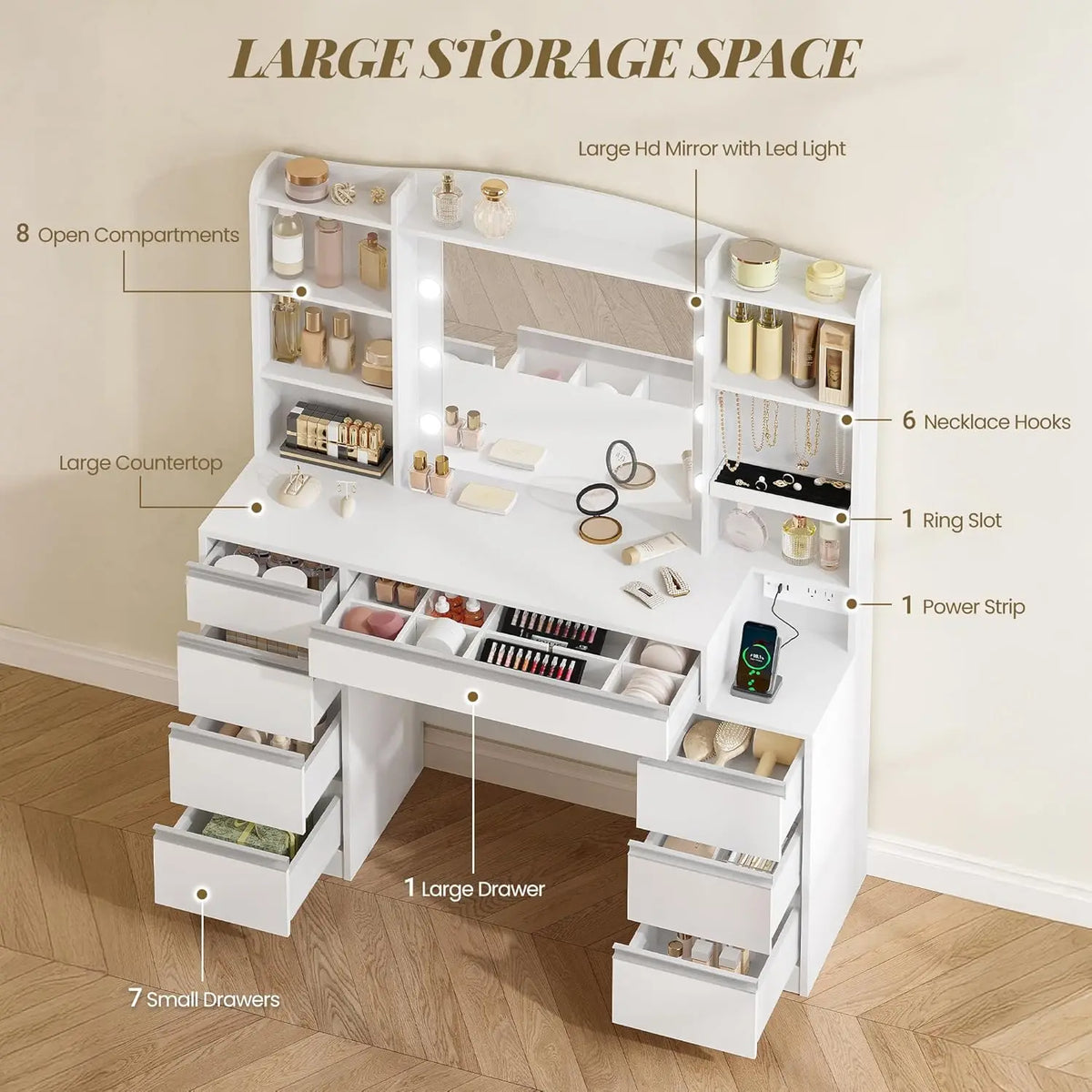 47.2in White Vanity Desk with LED Mirror Power Strip 8 Drawers 8 Shelves Bedroom