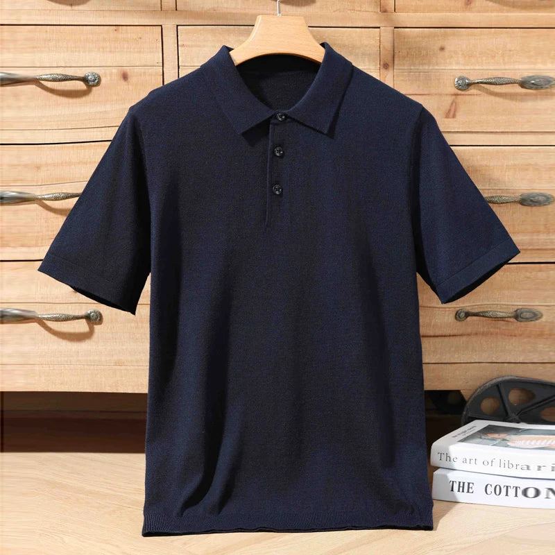 Summer 100% Merino Wool Men'S Lapel Pullover Short Sleeve Polo Neck Sweater Loose Top Business Casual Knit T-Shirt