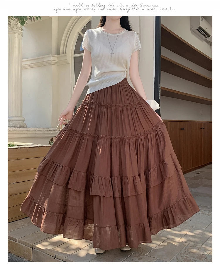 White Tiered Ruffle Hem Skirt 2025 - High Waist Flowy A-Line Maxi Skirt, Summer Chiffon Layered Skirt with Pleats