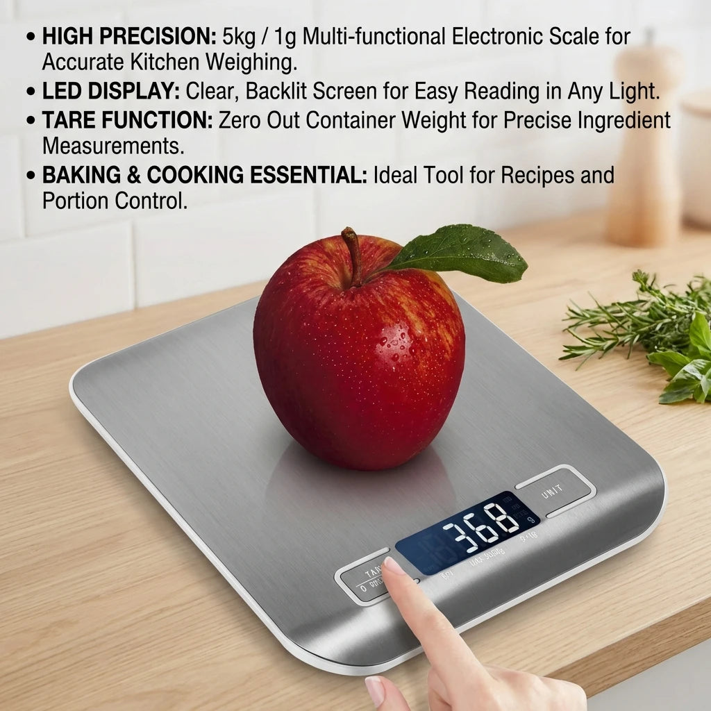 Báscula digital de cocina con pantalla LED de 5 kg/1 g, de acero inoxidable, electrónica, para alimentos, joyas, aperitivos, repostería, herramientas para el hogar