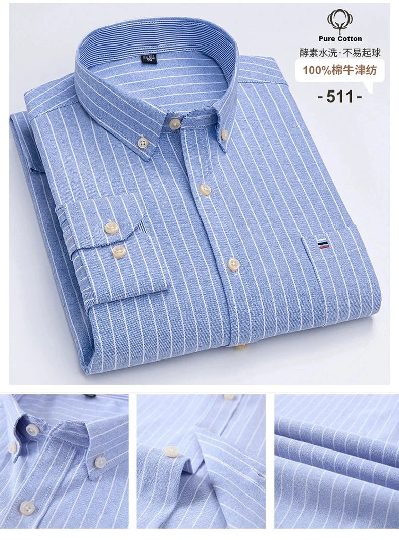 New 100% Cotton Oxford Men Shirts Long Sleeves Plaid Soft Regular Fit Formal Dress Shirt Pocket Social Blouse Male Clothes S-7XL