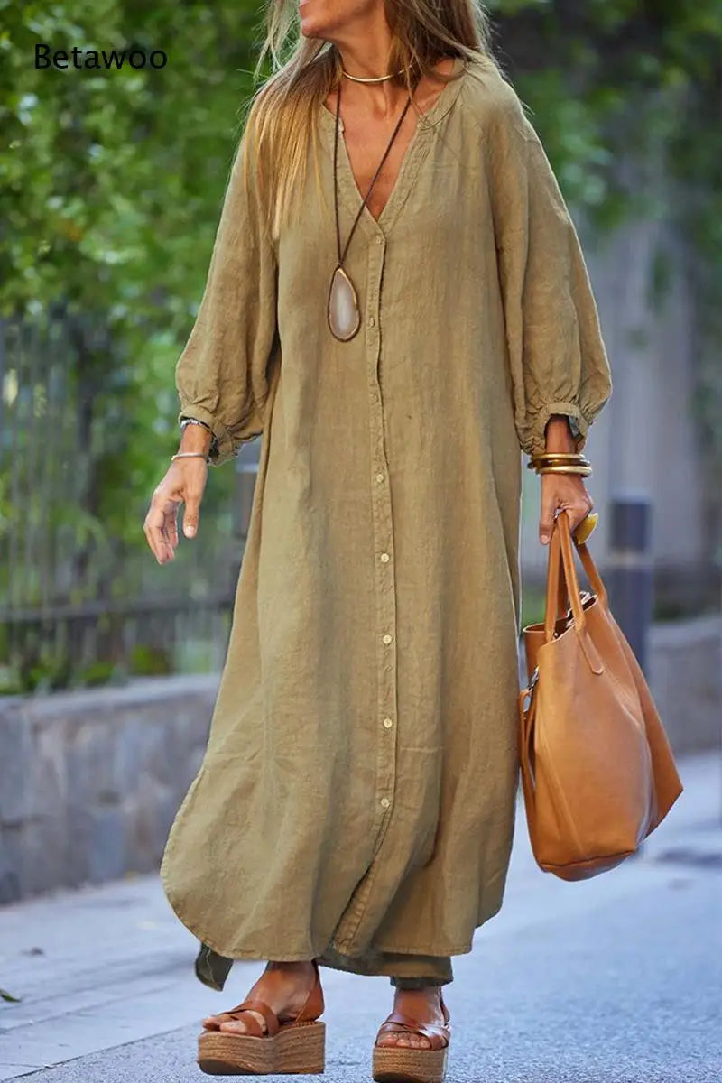 Women V Neck Lantern Long Sleeve Linen Maxi Dress Button Front Loose Casual Vacation Ladies Long Dress
